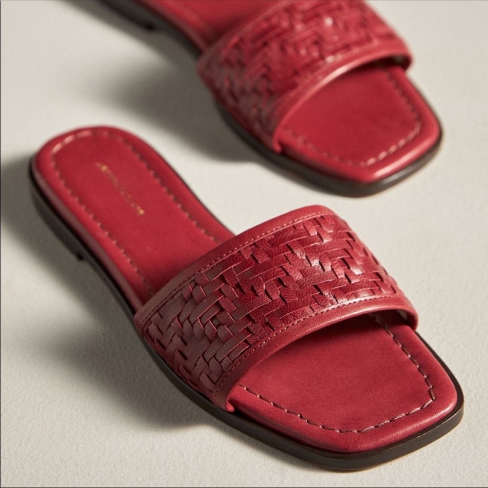 Anthropologie Woven Leather Slide Sandals Red